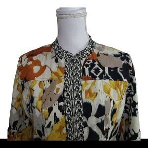 Chico's Size 1 Brown Gold Floral Jacket Hook Eye Close Front Pocket Lightweight